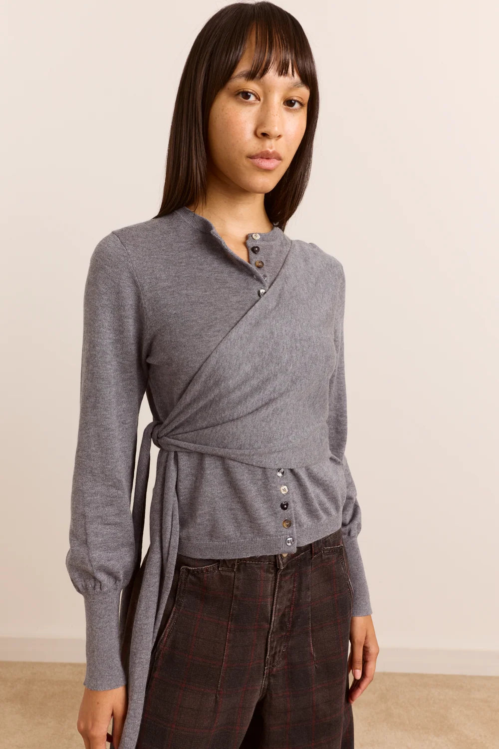 Damson Madder Venna wrap cardigan grey merino wool | Pipe and Row Seattle