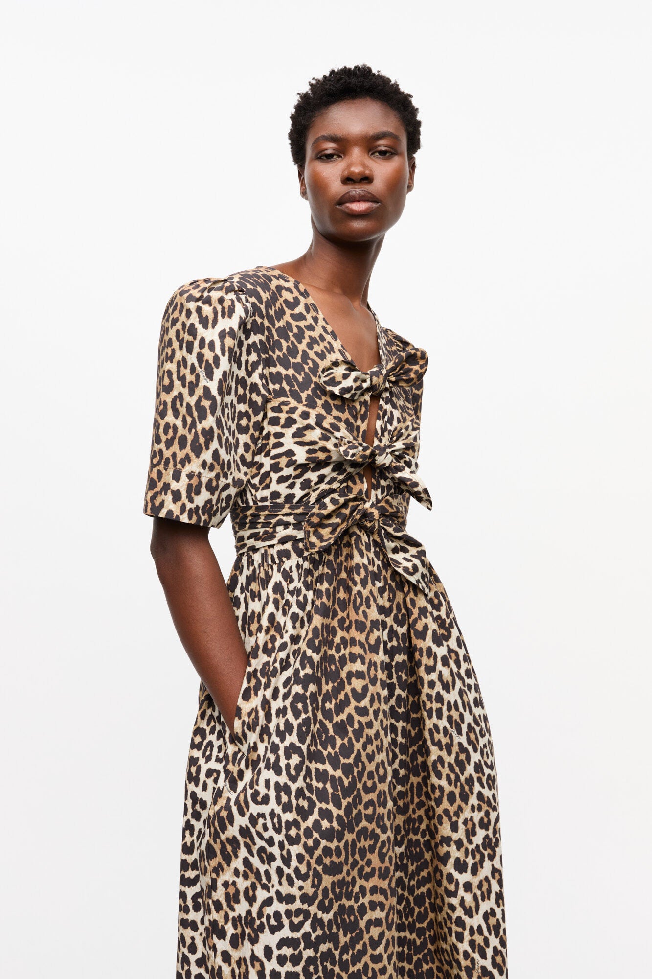 Ganni printed cotton tie strap midi dress leopard print organic cotton PIPE AND ROW