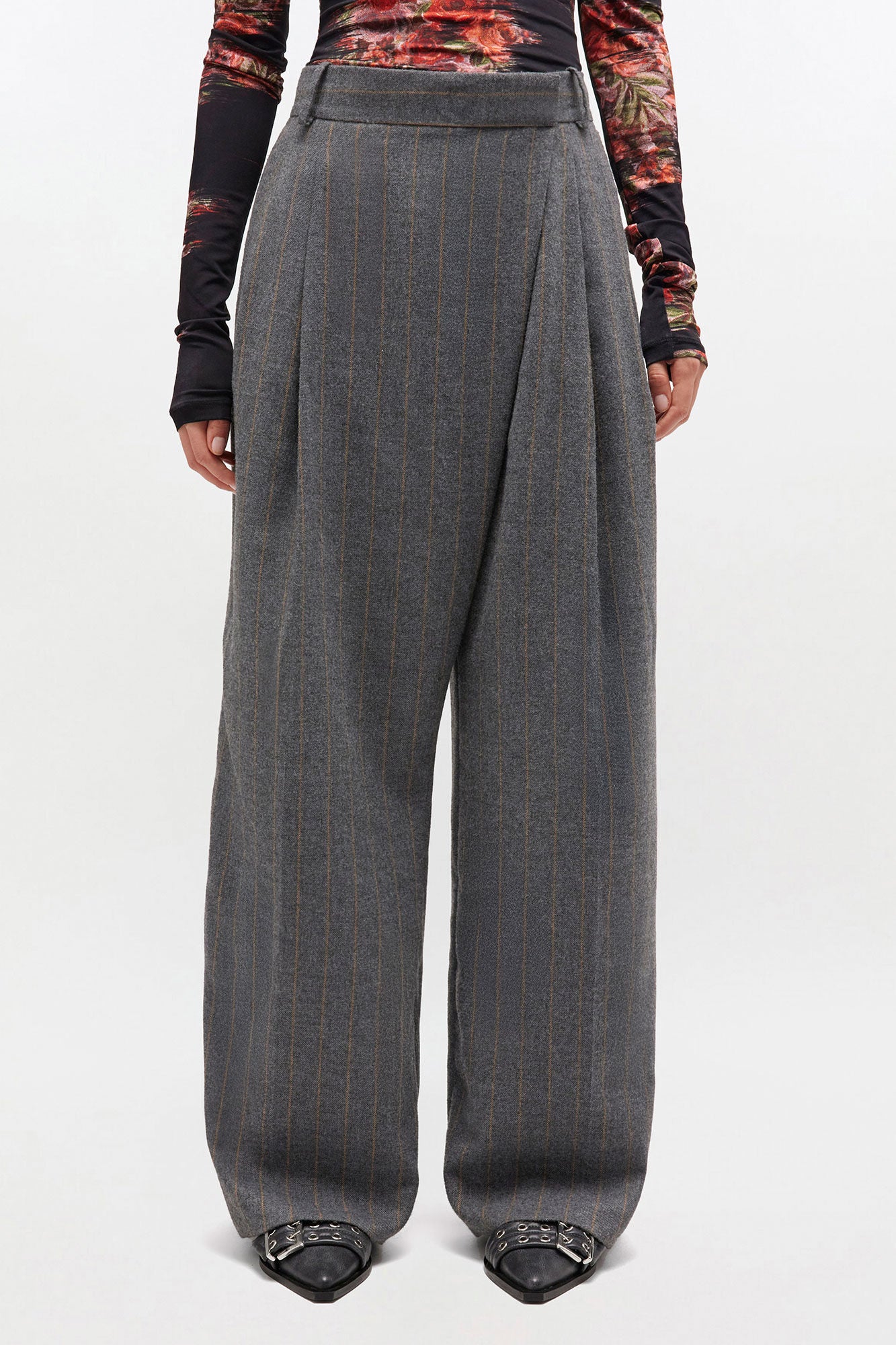 Ganni cross-over front brushed wool stripe trouser pants pewter stripe | Pipe and Row