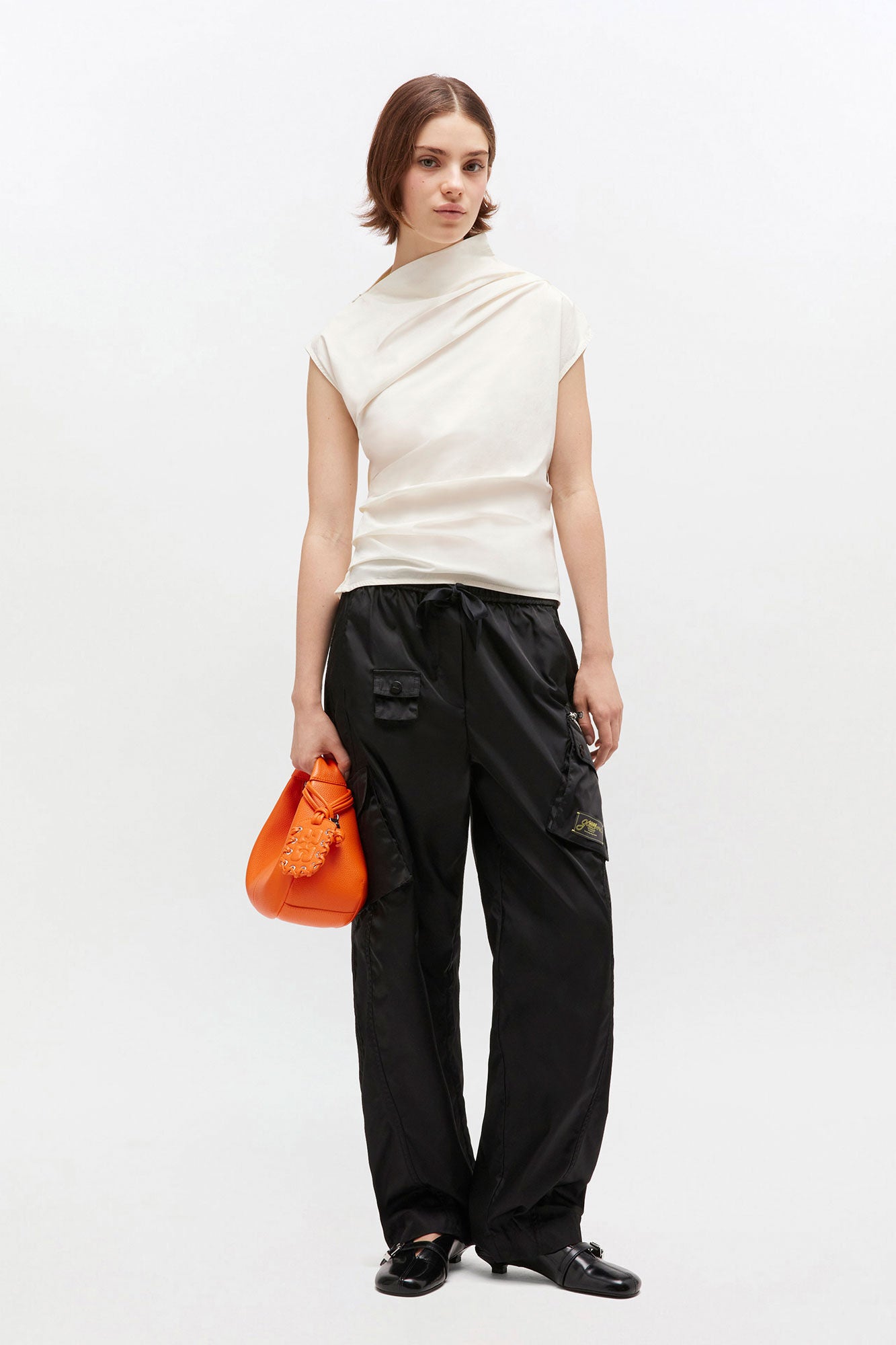 Ganni asymmetrical stretch cotton ruched sleeveless top egret | Pipe and Row