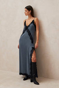 Alohas Afternoon silky lace maxi slip dress blue grey PIPE AND ROW