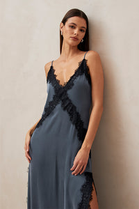 Alohas Afternoon silky lace maxi slip dress blue grey PIPE AND ROW