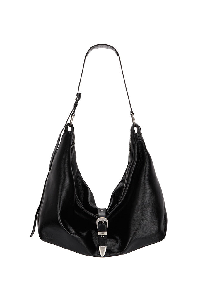 Marge Sherwood Belted Hobo shoulder handbag black glossy crinkled leather | Pipe and Row