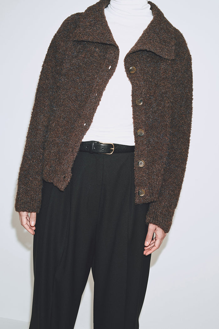 Mijeong Park spread collar boucle cardigan brown knit | Pipe and Row