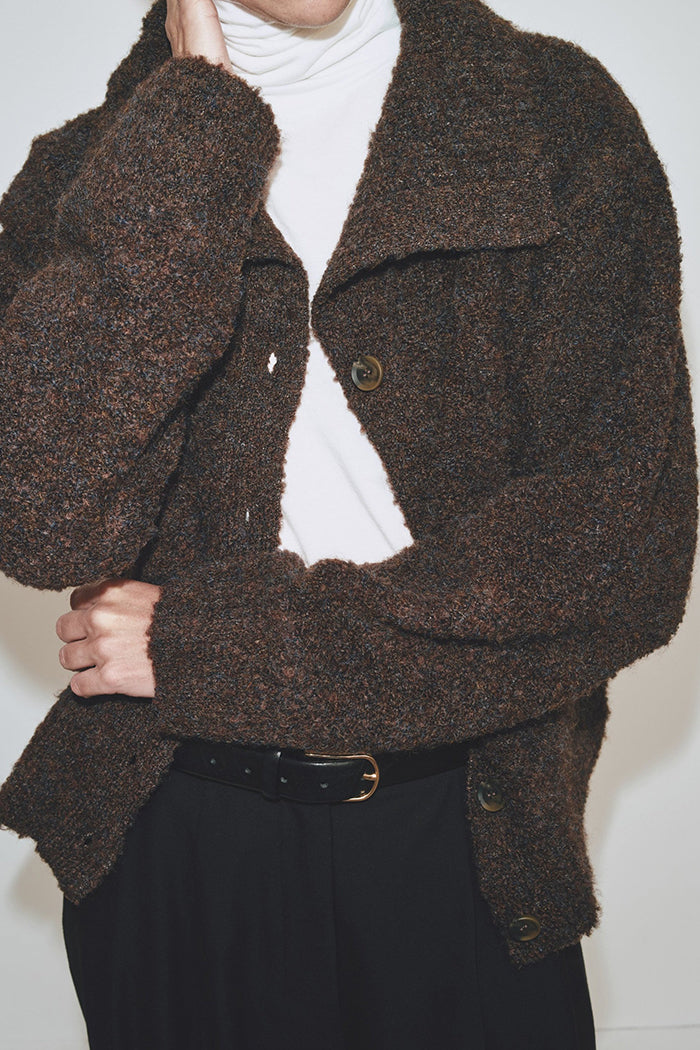 Mijeong Park spread collar boucle cardigan brown knit | Pipe and Row