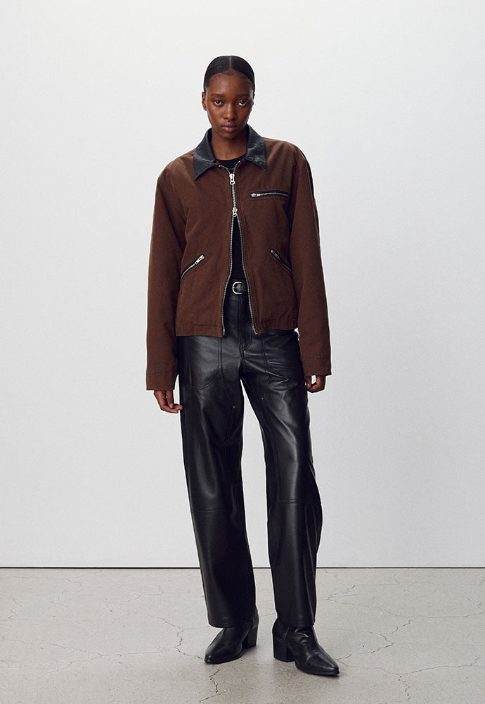 LEATHER COLLAR GARMENT-WASHED ZIP WORK JACKET