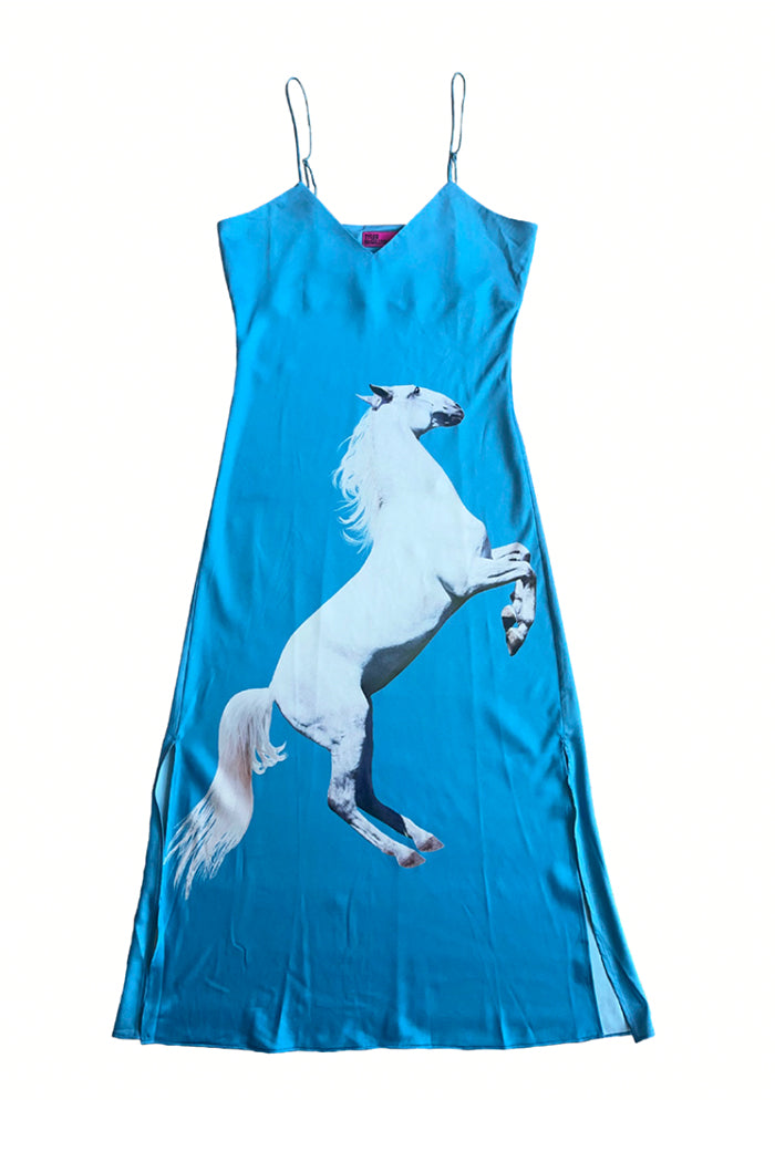 Tyler Mcgillivary blue silky slip dress with equestrian white horse print.  PIPE AND ROW