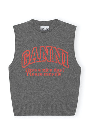 Ganni graphic knit sweater vest grey red please recycle. PIPE AND ROW