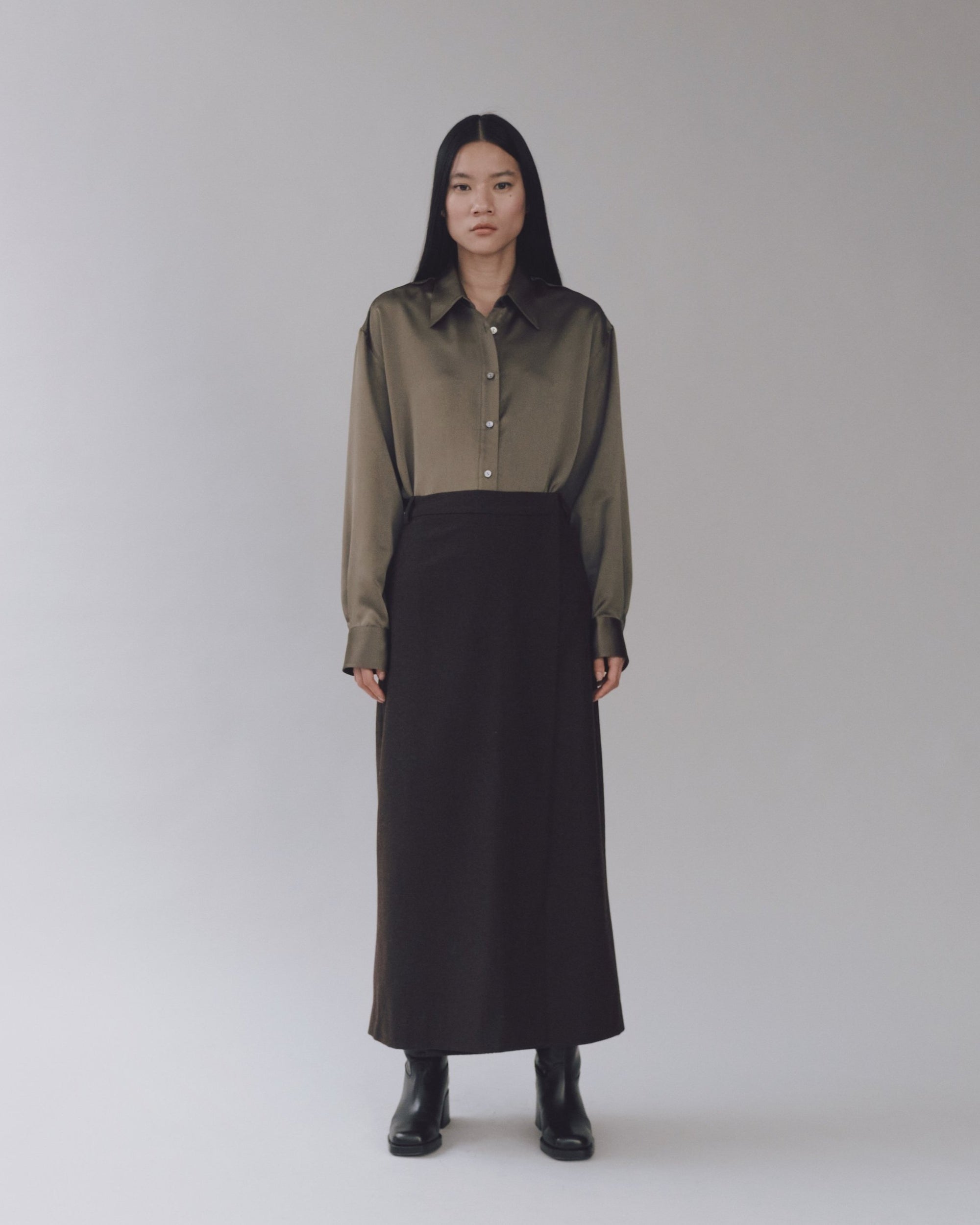 Mijeong Park wool blend wrap maxi skirt brown | Pipe and Row