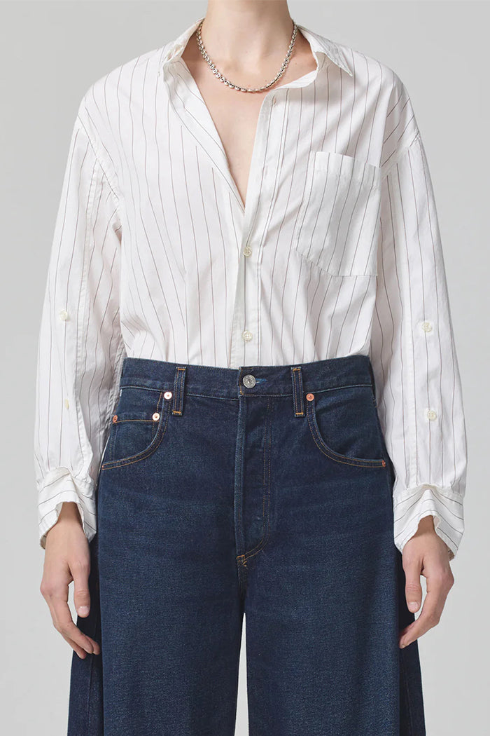 Citizens of Humanity white Kayla button up shirt bitter chocolate brown stripe | Pipe and Row