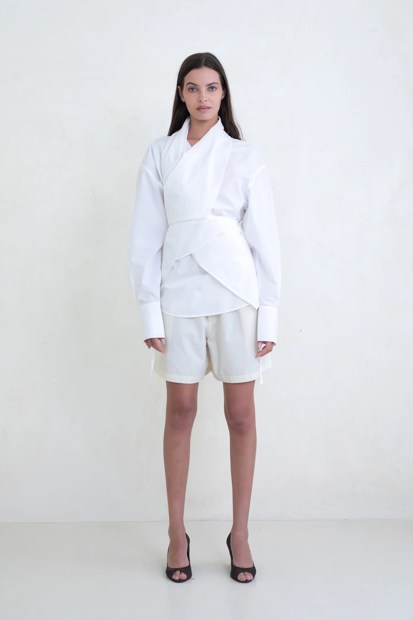 Belle Ana crisp white convertible wrap Leandra shirt draped | Pipe and Row seattle