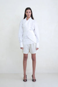 Belle Ana crisp white convertible wrap Leandra shirt draped | Pipe and Row seattle