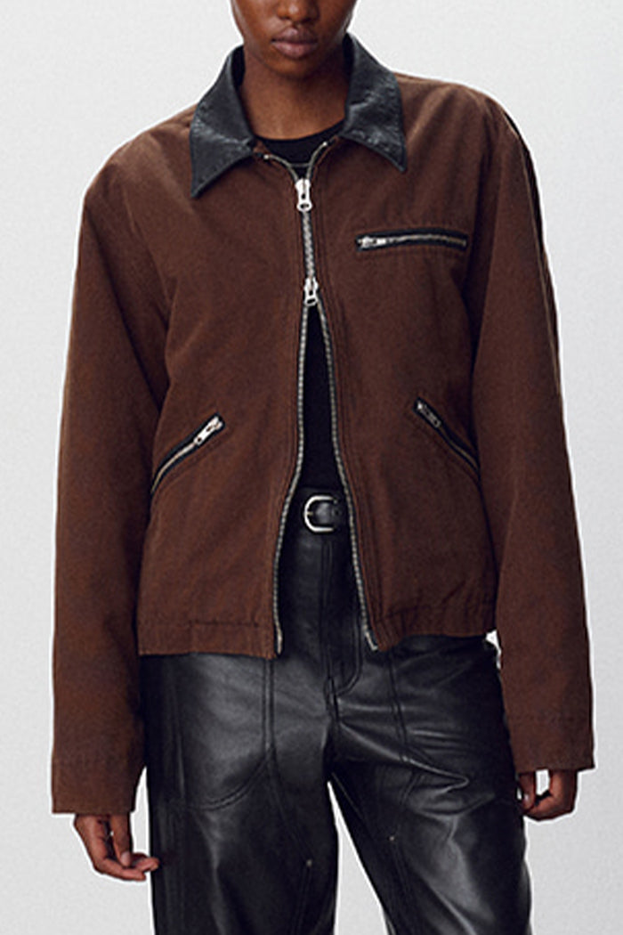 Tonywack black leather collar chocolate brown garment washed workwear zip jacket PIPE AND ROW
