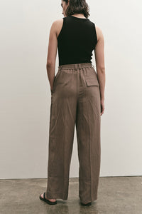 Mijeong Park linen blend wide leg pants tan elasticated | Pipe and Row