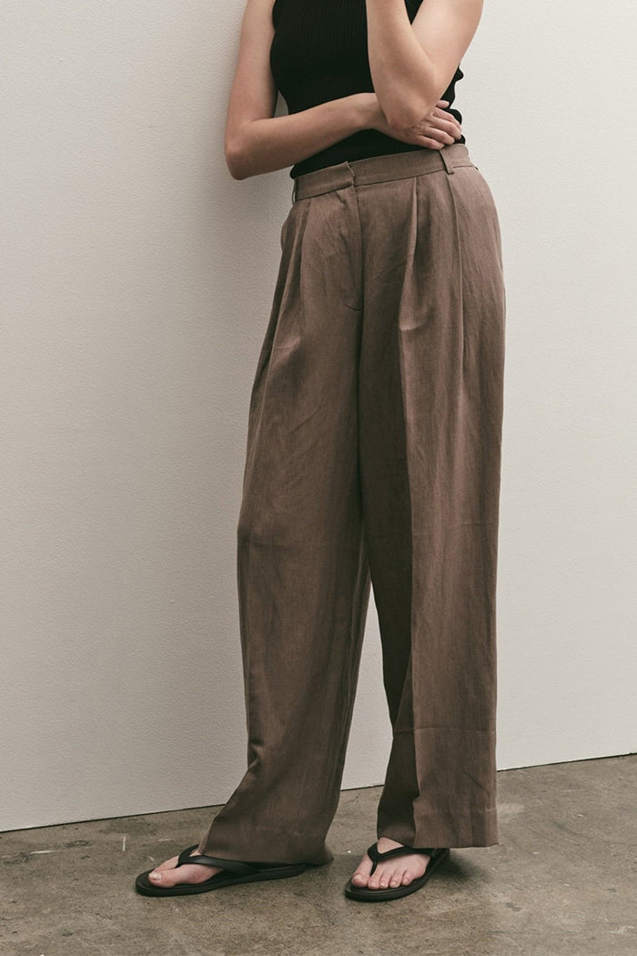 Mijeong Park linen blend wide leg pants tan elasticated | Pipe and Row