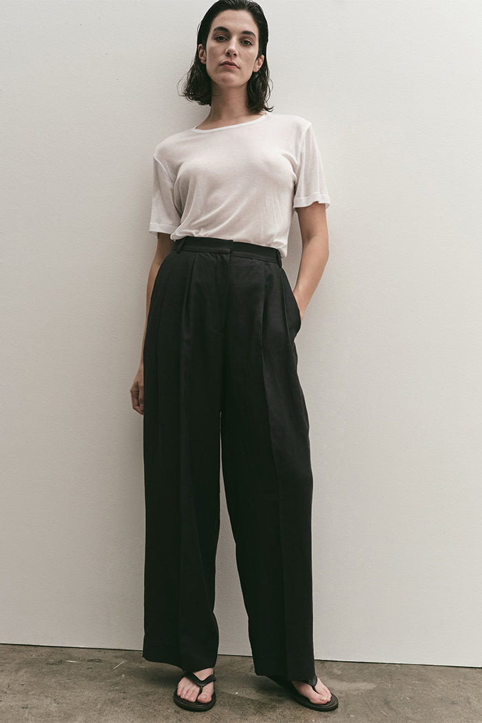 Mijeong Park linen wide leg pants navy elasticated waistband | Pipe and Row
