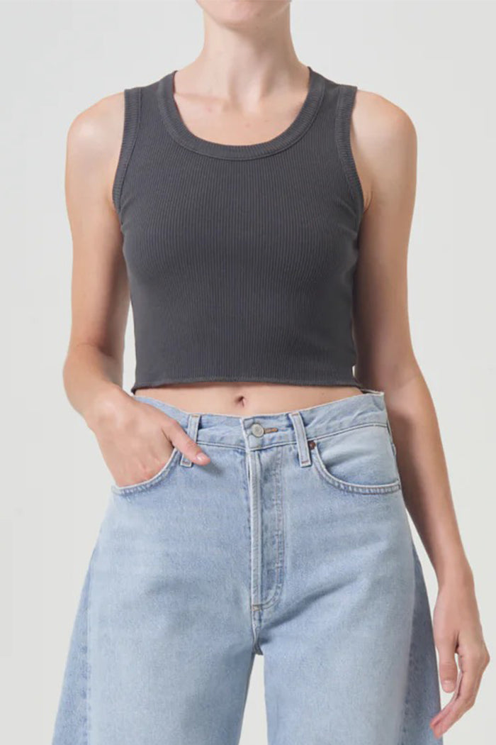 Agolde cropped Poppy ribbed tank top raven washed grey black | Pipe and Row