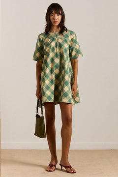 Damson Madder Bridget reversible mini dress gingham green yellow