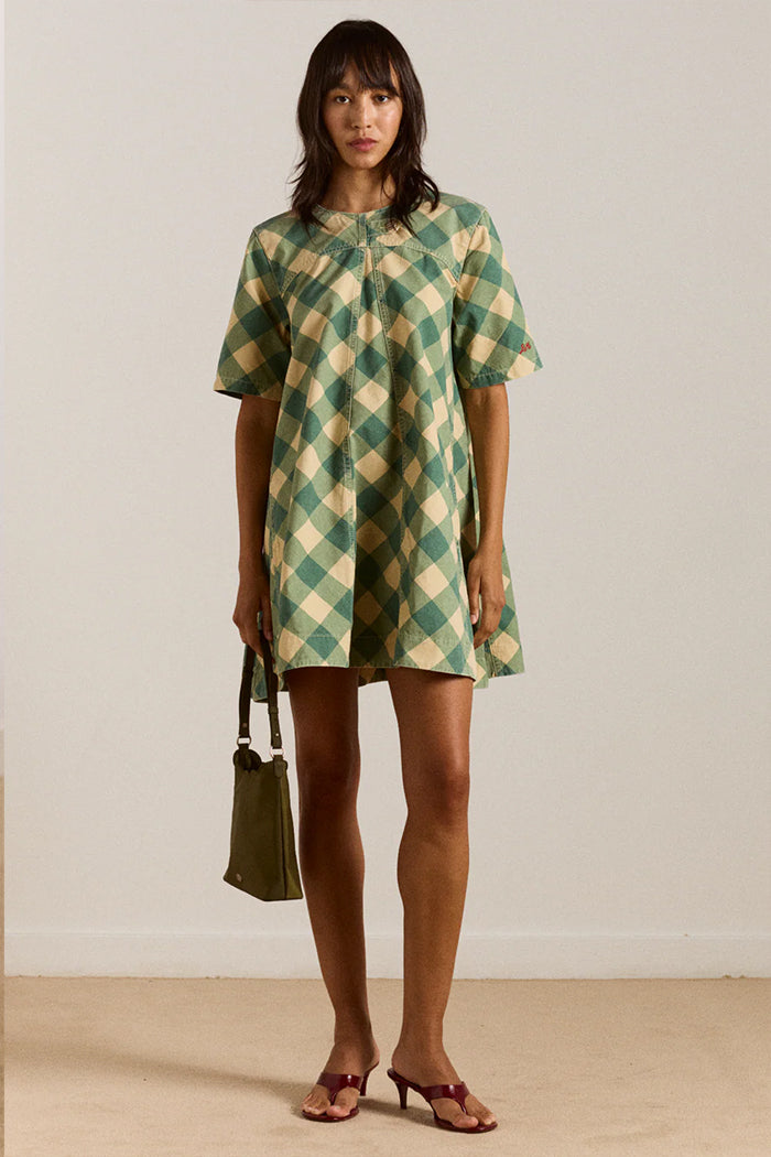 Damson Madder Bridget reversible mini dress gingham green yellow | Pipe and Row - PIPE AND ROW Damson Madder Bridget reversible mini dress gingham green yellow | Pipe and Row - PIPE AND ROW