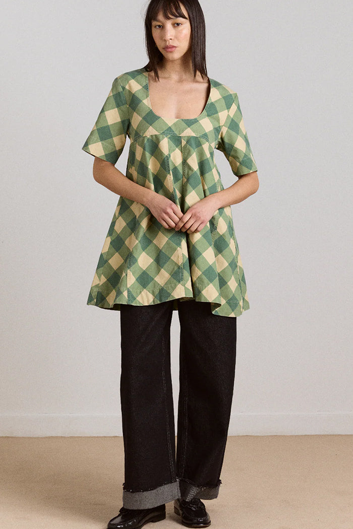 Damson Madder Bridget reversible mini dress gingham green yellow | Pipe and Row - PIPE AND ROW Damson Madder Bridget reversible mini dress gingham green yellow | Pipe and Row - PIPE AND ROW