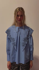 Damson Madder Candy oversized blouse large embroidered bib collar business blue | Pipe and Row