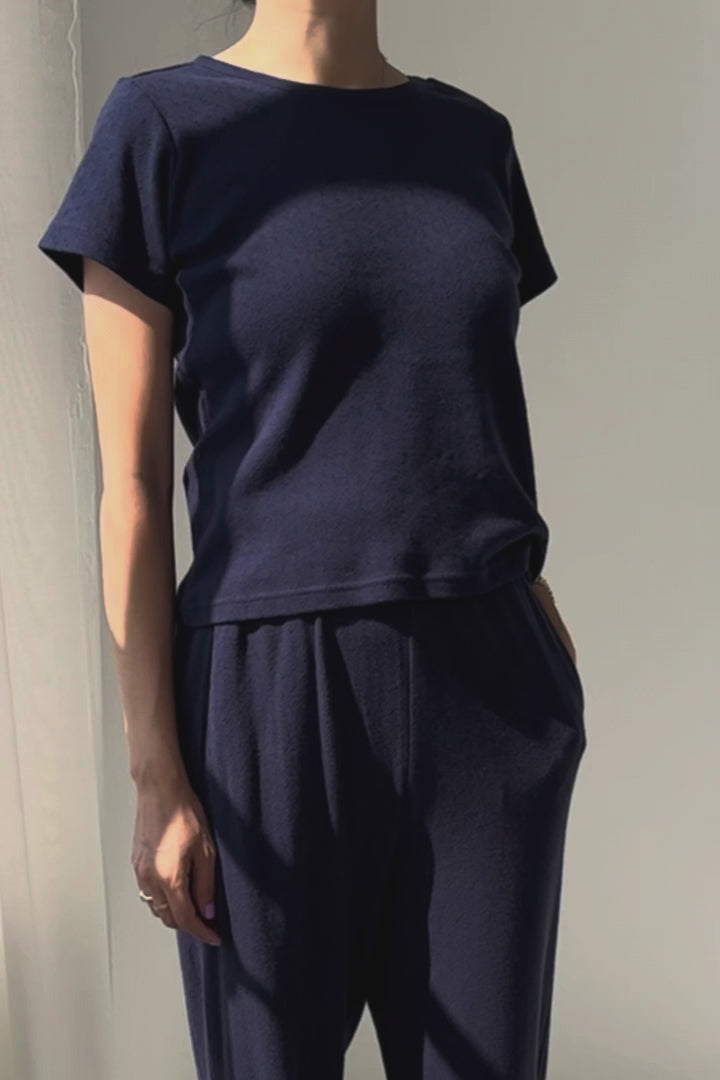 Le Bon Shoppe pointelle babe short sleeve crewneck tee navy blue | Pipe and Row