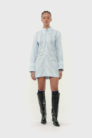 Ganni organic cotton light blue striped twill fitted tunic | Pipe and Row