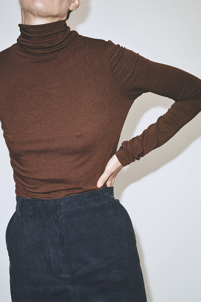 Mijeong Park thin ribbed roll neck turtleneck long sleeve knit tee brown | Pipe and Row