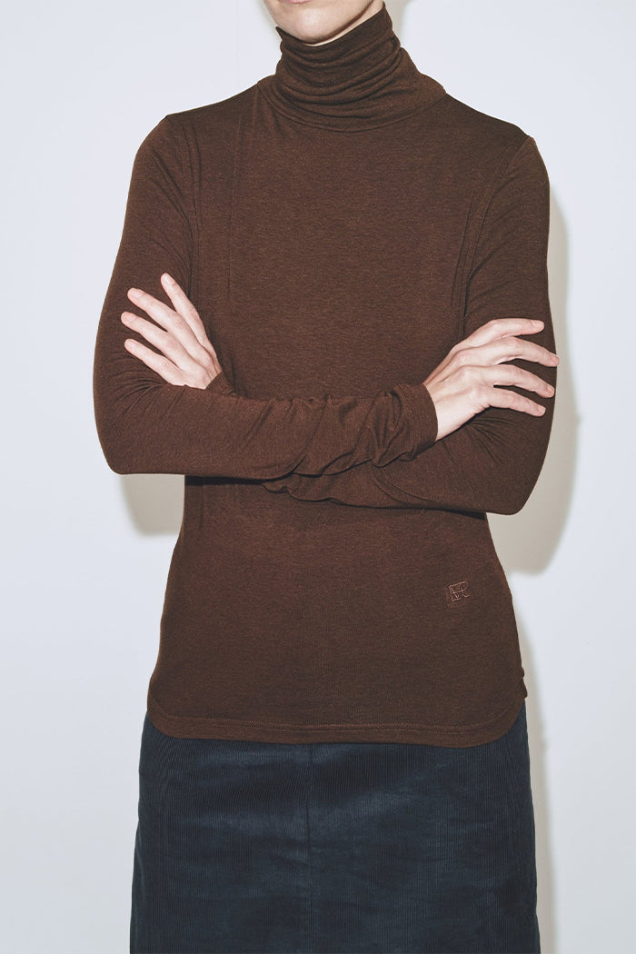 Mijeong Park thin ribbed roll neck turtleneck long sleeve knit tee brown | Pipe and Row