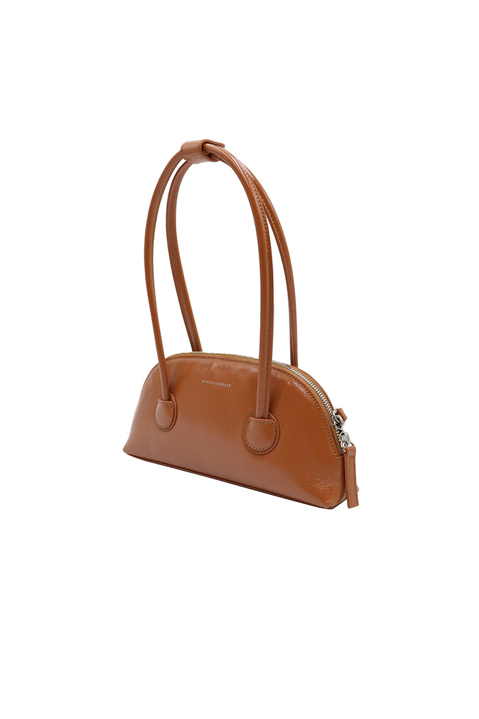 Marge Sherwood arched Bessette shoulder handbag tan glossy leather | Pipe and Row