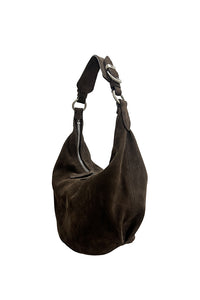 Marge Sherwood slouchy pumpkin bag nubuck suede brown Hush leather buckle detail | PIPE AND ROW