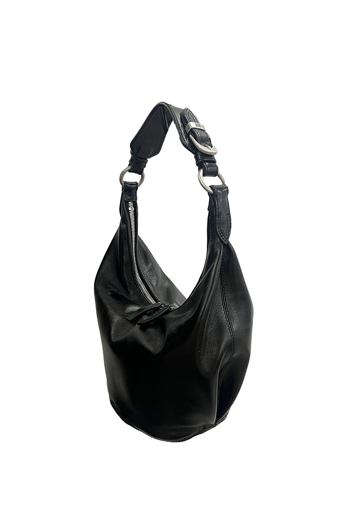 Marge Sherwood slouchy pumpkin bag black glossy leather buckle handle PIPE AND ROW