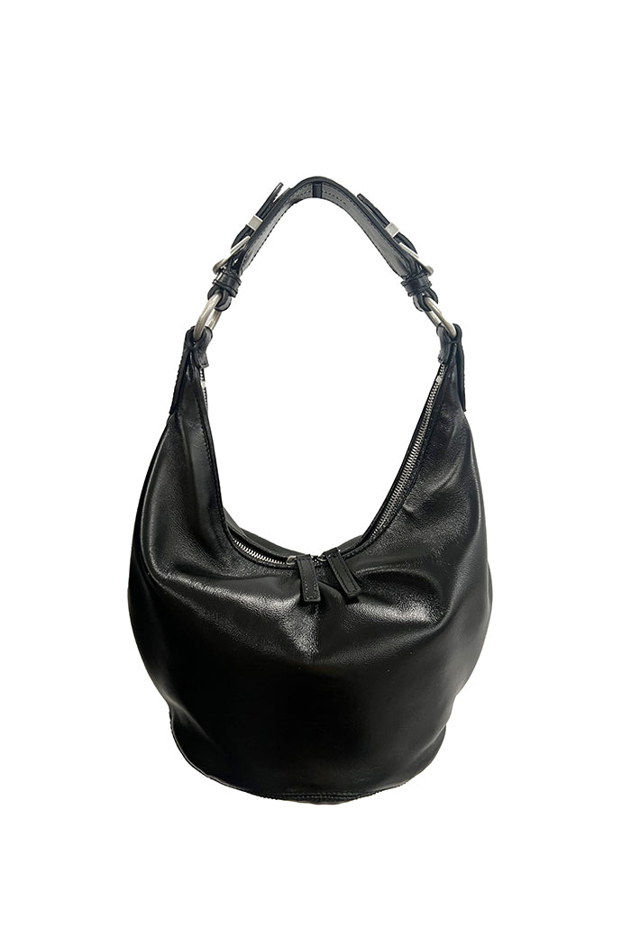 Marge Sherwood slouchy pumpkin bag black glossy leather buckle handle PIPE AND ROW