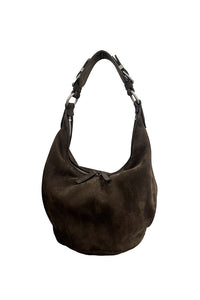 Marge Sherwood slouchy pumpkin bag nubuck suede brown Hush leather buckle detail | PIPE AND ROW