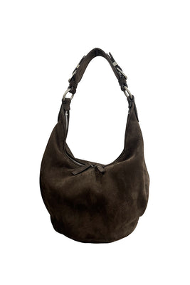 Marge Sherwood slouchy pumpkin bag nubuck suede brown Hush leather buckle detail | PIPE AND ROW