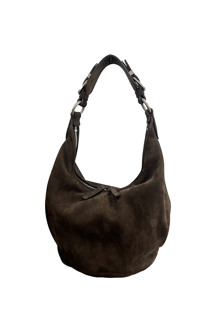 Marge Sherwood slouchy pumpkin bag nubuck suede brown Hush leather buckle detail | PIPE AND ROW