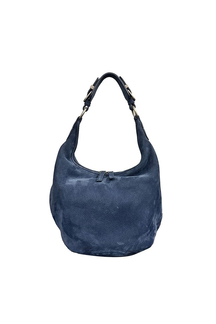 Marge Sherwood slouchy pumpkin bag indigo blue suede leather buckle handle PIPE AND ROW