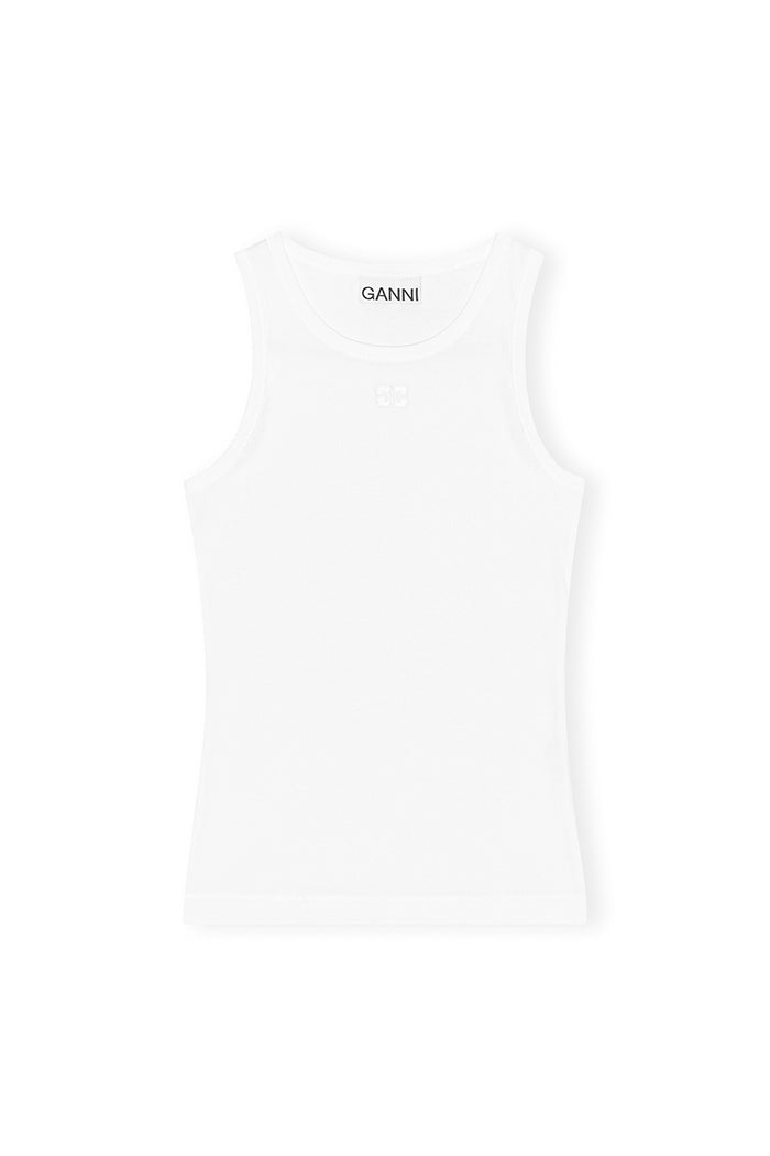 Ganni soft cotton fitted rib tank top bright white | PIPE AND ROW