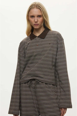 Oval Square Steffi boxy stripe polo set lounge coffee brown | Pipe and Row