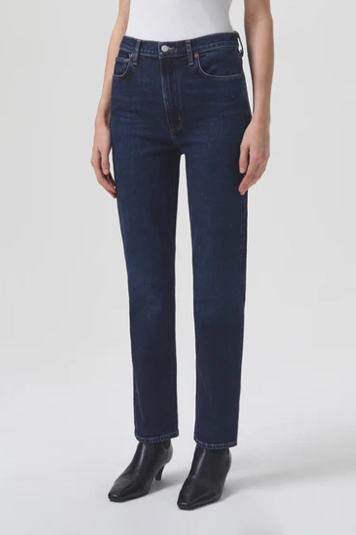 Agolde high rise stovepipe jeans dark clean indigo blue song wash | Pipe and Row
