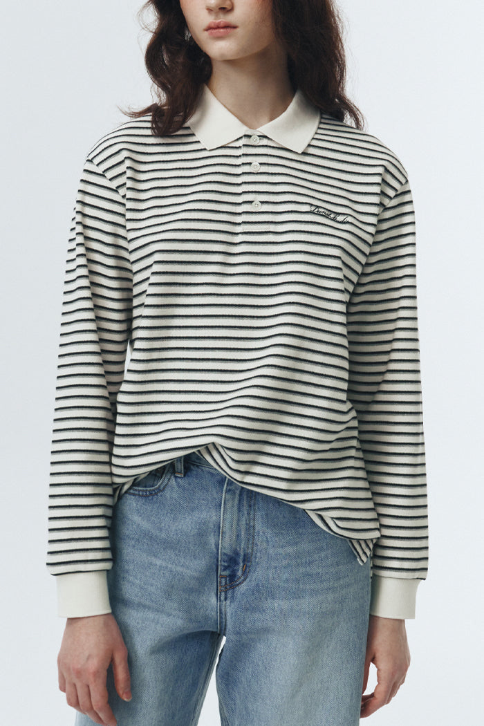 Dunst textured unisex collared long sleeve polo t-shirt black white multi stripe PIPE AND ROW