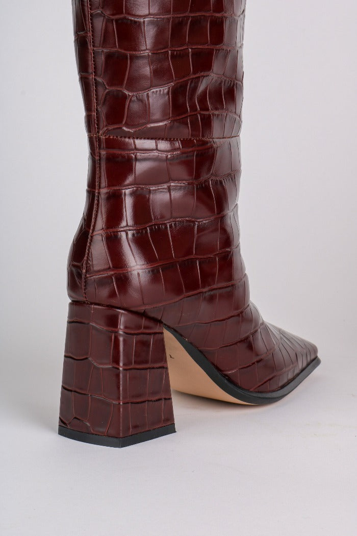 Intentionally Boots TGIF knee high boot embossed maroon leather |  PIPE AND ROW