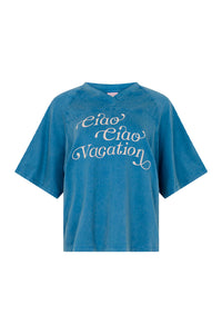 Ciao Ciao v-neck, jersey style Vacay crop graphic tee blue | Pipe and Row