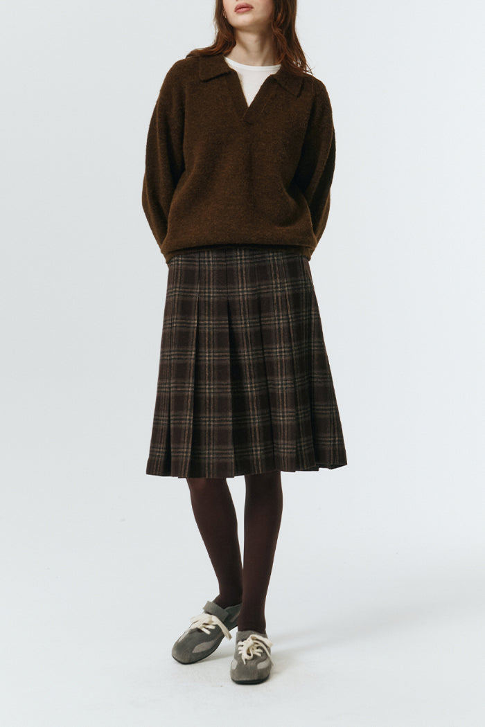 Dunst lightweight brushed alpaca wool unisex open collared v-neck knit sweater dark brown | Pipe and Row