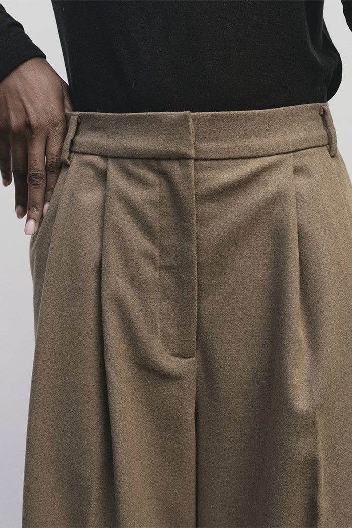 Mijeong Park mid rise wool blend wide leg trousers camel | Pipe and Row