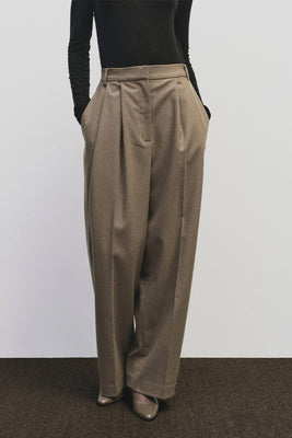 Mijeong Park mid rise wool blend wide leg trousers camel | Pipe and Row