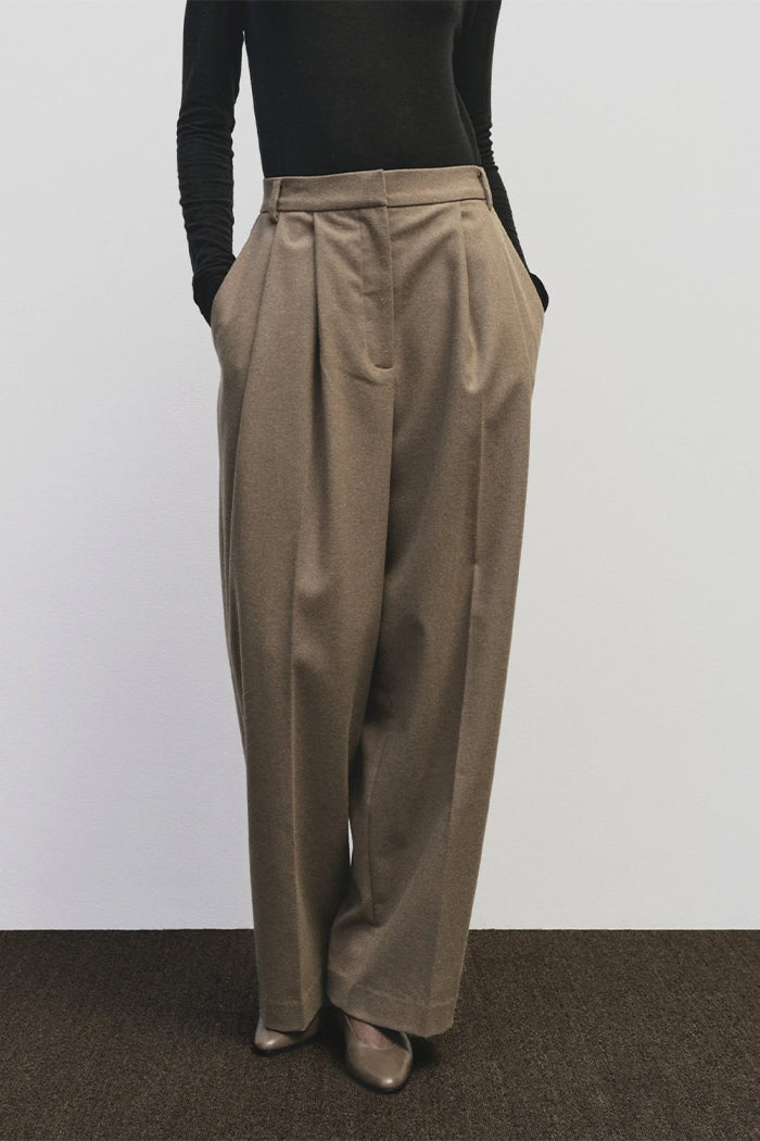 Mijeong Park mid rise wool blend wide leg trousers camel | Pipe and Row