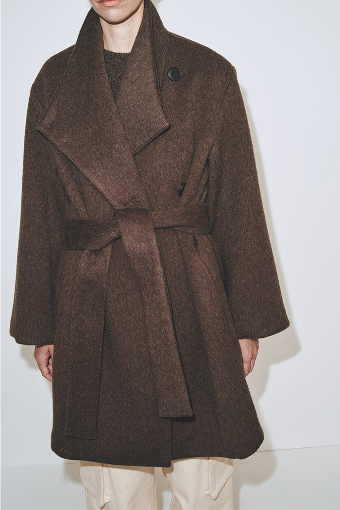 Mijeong Park heavy voluminous wool blend wrap coat rich chocolate brown | Pipe and Row