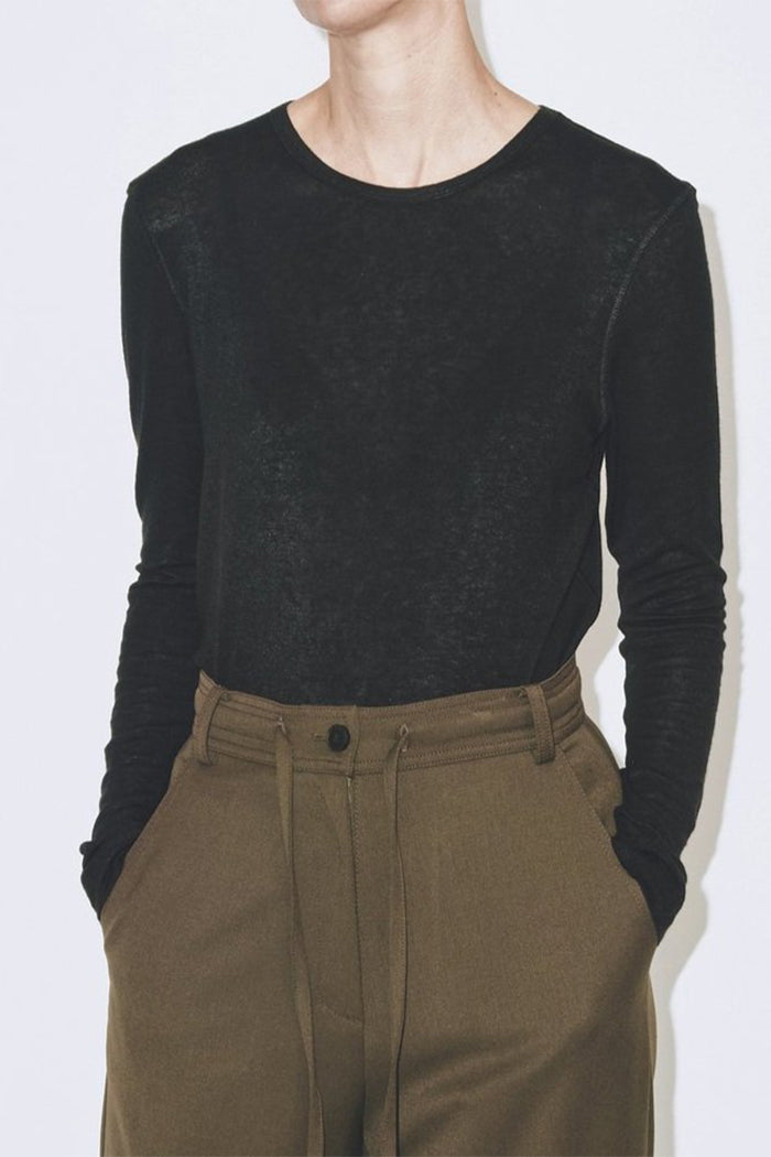 Mijeong Park long sleeve wool tencel crew neck knit top black | Pipe and Row