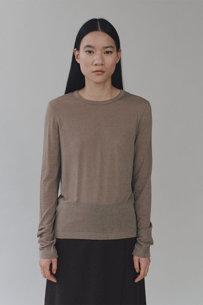 Mijeong Park long sleeve wool tencel crew neck knit top light khaki | Pipe and Row